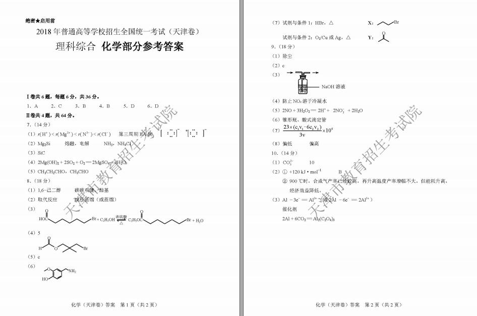2018年天津高考理綜試題