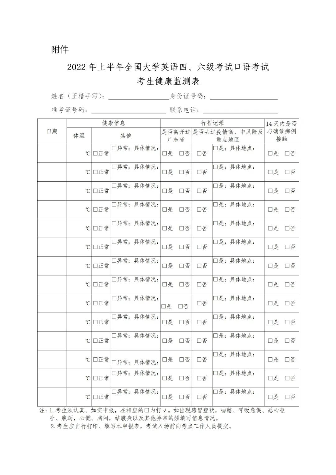 2022年上半年全國大學(xué)英語四、六級考試口語考試考生健康檢測表