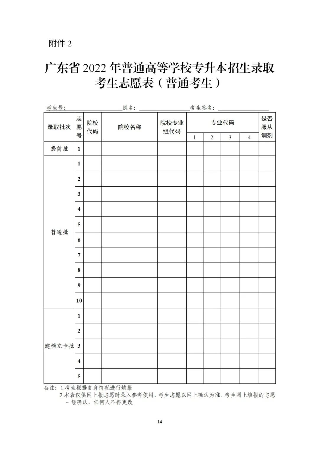 廣東省2022年普通高等學校專升本招生錄取考試志愿表（普通考生）